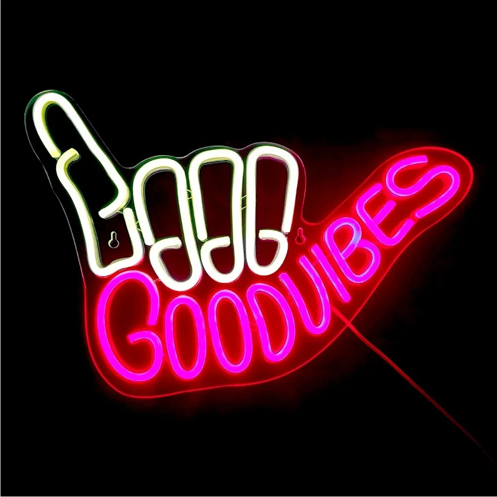 Neon Sign Good Vibes Pink White Hippie Retro 90s Party Birthday Room Light Decor